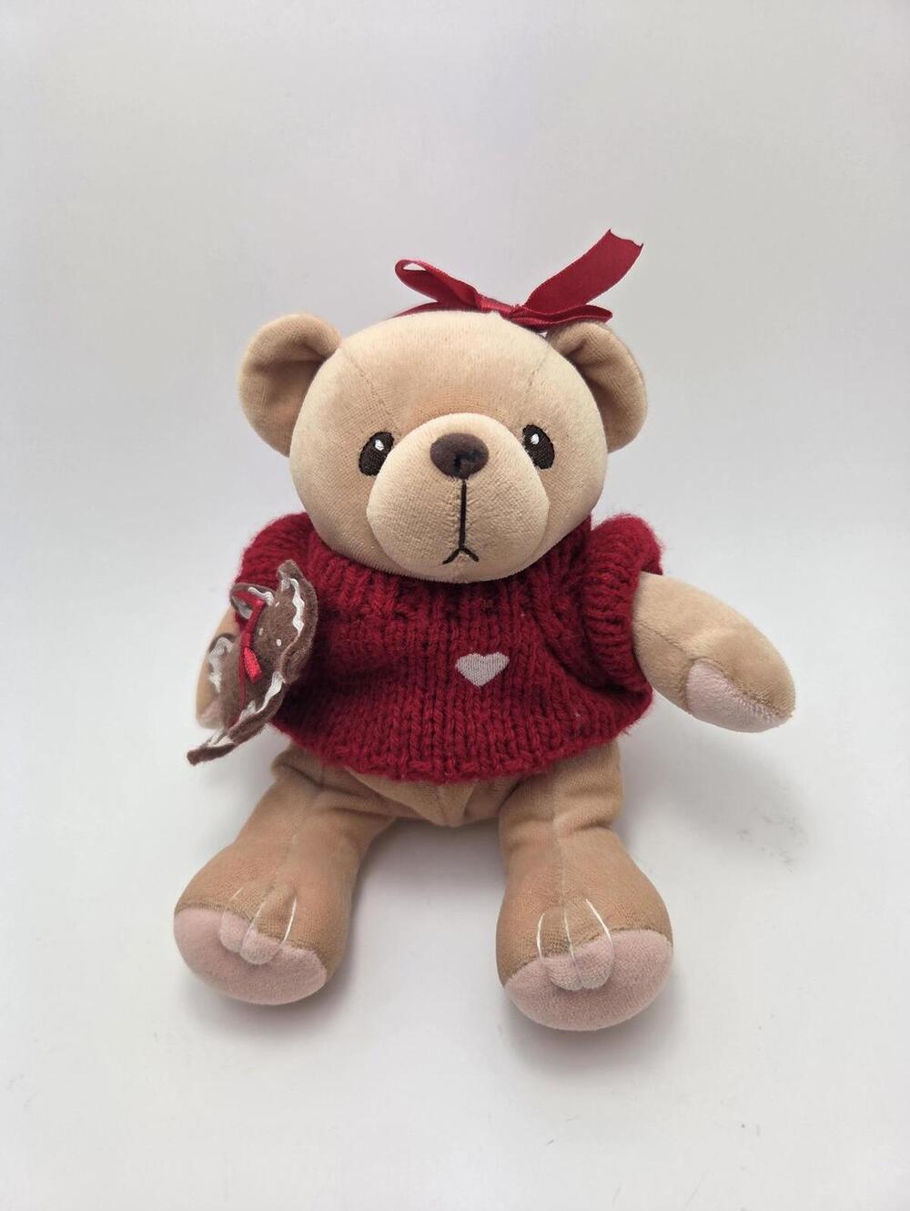 Vintage Cherished Teddies Red Christmas Sweater, Red Bow, Gingerbread (6 inch)